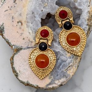 Boho earrings with red, black and topaz beads.